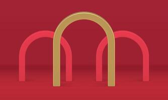 Archway curved block red golden studio background product presentation event 3d design vector