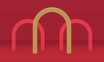 Archway curved block red golden studio background product presentation event 3d design vector