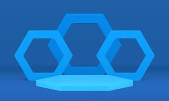 Blue hexagonal scene event podium polygonal pedestal frame border 3d design realistic vector