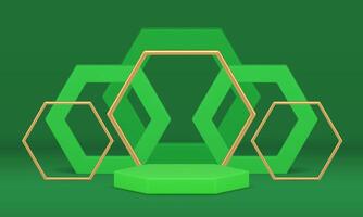 Hexagonal stage pedestal green neon arena studio background product presentation realistic vector