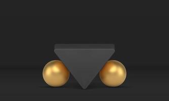 Inverted triangle golden sphere abstract geometric podium black studio background realistic vector