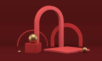 Red geometric 3d stage arena podium curved arch rectangle box golden sphere realistic vector