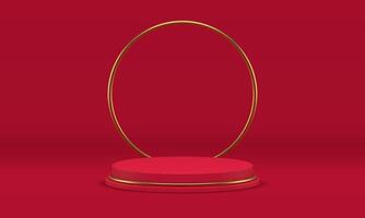 Red 3d stage cylinder platform advertising arena golden frame studio background realistic vector
