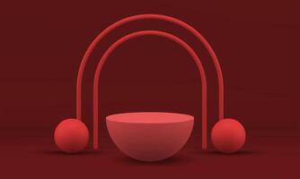 3d podium red semicircle geometric form with decorative arch studio background realistic vector