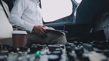 The pilot presses the power buttons on the control panel to control the aircraft in front of cockpit windshield video