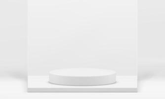 3d pedestal white cylinder stage on squared foundation wall studio background realistic vector