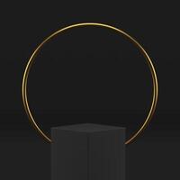 3d cube podium platform black stage golden circle frame product performance studio background vector
