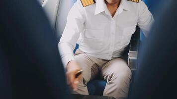 Side view portrait of handsome bearded businessman working while enjoying flight in first class, copy space video