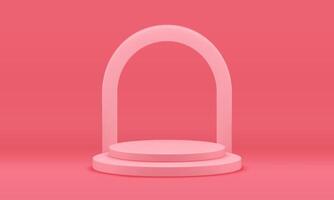 Pink 3d podium round level award arena with curved arch column for win celebration realistic vector