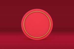 3d round red decor element with golden frame promo presentation minimal design realistic vector