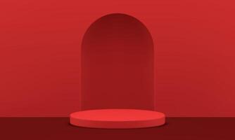 Red 3d pedestal archway hole wall cylinder platform stand minimalist studio background vector
