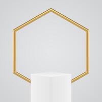 3d podium cylinder platform stage with golden hexagonal frame product presentation realistic vector