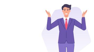 Smiling business man with hands up idea welcome greeting banner design template flat vector