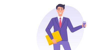Business man with coffee paper cup and document folder banner design template flat vector
