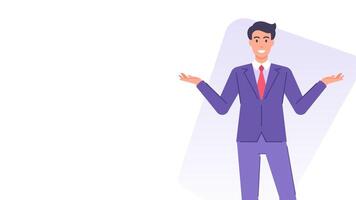 Smiling business man spreading hands showing presenting banner design template flat vector