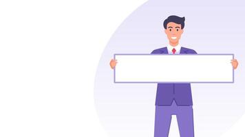Smiling business man with blank board information message banner design template flat vector