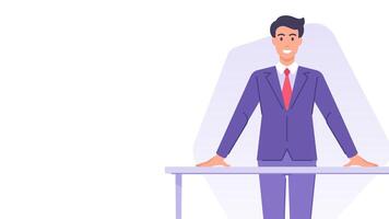 Business man standing at table corporate presentation banner design template flat vector