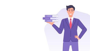 Business man with document folder stack archive paperwork banner design template flat vector