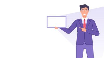 Smiling businessman showing blank board important information banner design template flat vector