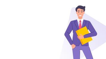 Business man in suit standing with document folder banner design template flat illustration vector