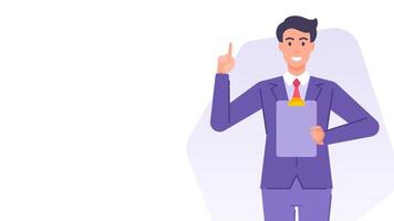 Cartoon business man with clipboard up pointing finger banner design template flat vector
