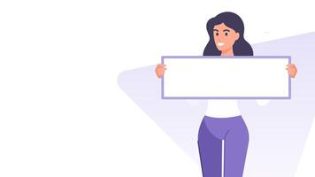 Cartoon business woman with blank board advertising copy space banner design template flat vector