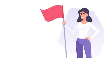 Business woman with red flag leadership win victory banner design template flat illustration vector