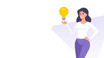 Cartoon business woman light bulb innovation idea quick tips banner design template flat vector