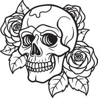 skull with rose flowers line art black and white illustration vector