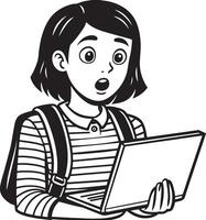 child with laptop illustration black and white vector
