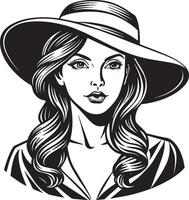 Cute girl with hat black and white illustration vector