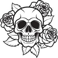 skull with rose flowers line art black and white illustration vector