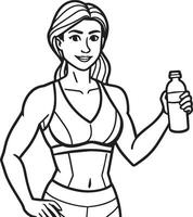 Fitness woman with bottle of water illustration black and white vector