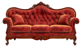 A red couch with three cushions and a wooden frame - stock .. png