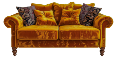 A large, plush, yellow sofa with pillows and a floral pattern - stock .. png