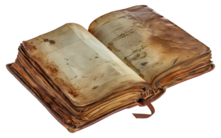 An old leather bound book is open to a page with a faded writing - stock .. png