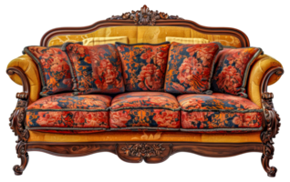 A large, ornate couch with floral patterns and red and yellow cushions - stock .. png