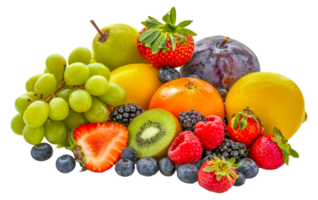 une coloré assortiment de des fruits comprenant raisins, des fraises, des oranges - Stock .. png
