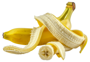 A banana peel is sliced in half and a banana is shown in the middle - stock .. png