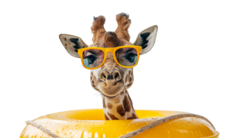 girafa com oculos de sol em amarelo piscina flutuador, cortar Fora - estoque .. png