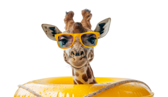 Giraffe with sunglasses on yellow pool float, cut out - stock .. png