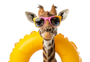 girafe avec des lunettes de soleil sur Jaune bassin flotter, Couper en dehors - Stock .. png