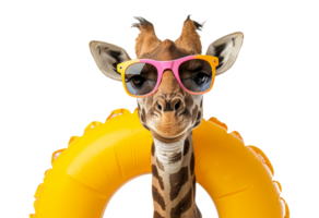 girafa com oculos de sol em amarelo piscina flutuador, cortar Fora - estoque .. png