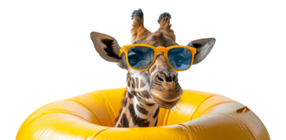 Giraffe with sunglasses on yellow pool float, cut out - stock .. png