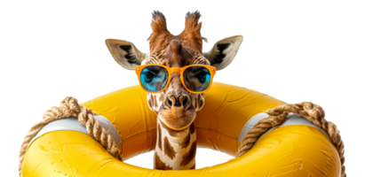 Giraffe with sunglasses on yellow pool float, cut out - stock .. png