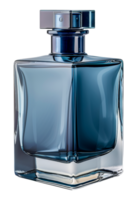 Stylish blue glass perfume bottle with transparent design, cut out - stock .. png