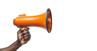 Hand Holding Orange Megaphone, cut out - stock .. png