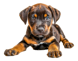 A brown and black puppy is laying on its back with its head tilted to the side - stock .. png
