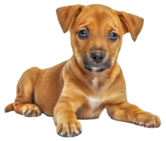 A small brown puppy is laying on its back with its head tilted to the side - stock .. png