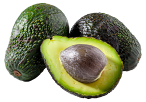 Three avocados are shown, one of which is cut open - stock .. png